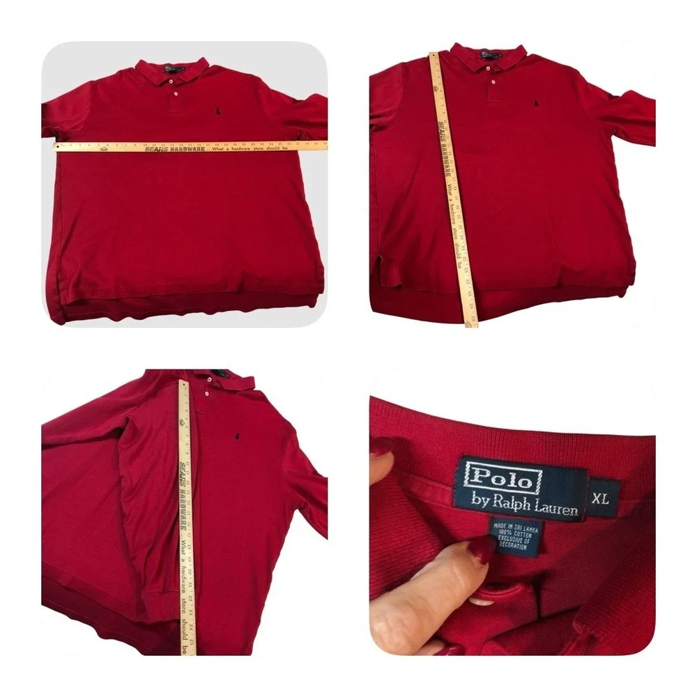 Polo Ralph Lauren Mens XL Red Long Sleeve Pique Polo Shirt Navy Blue‎ Pony Logo